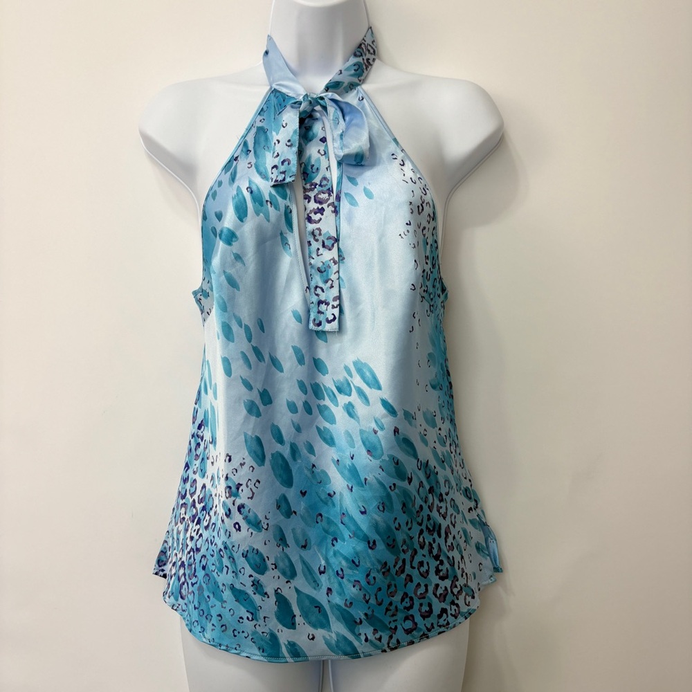 Victoria's Secret Y2K VTG blue Satin leopard print halter blouse Keyhole neck S